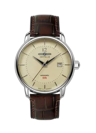 Klasyczny zegarek Zeppelin LZ120 Bodensee 8160-5 z automatycznym mechanizmem, beżową tarczą i brązowym skórzanym paskiem.