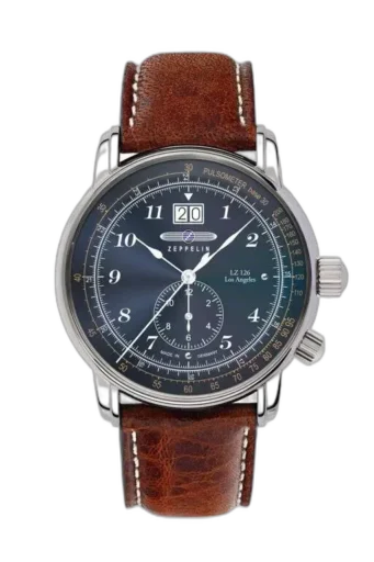 Elegancki zegarek Zeppelin LZ120 Los Angeles 8644-3 z granatową tarczą, klasycznymi arabskimi cyframi i srebrną kopertą. Wyposażony w datownik oraz precyzyjną skalę tachometryczną. Brązowy skórzany pasek dodaje wyrafinowania, idealny dla miłośników klasycznego stylu. Made in Germany.