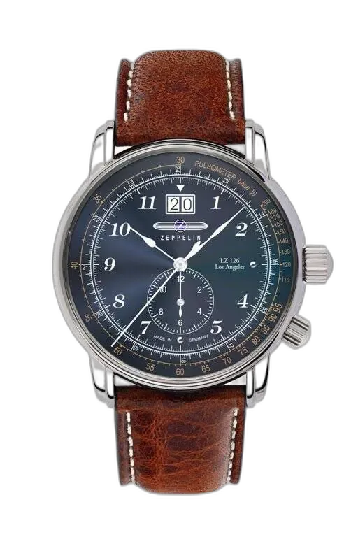 Elegancki zegarek Zeppelin LZ120 Los Angeles 8644-3 z granatową tarczą, klasycznymi arabskimi cyframi i srebrną kopertą. Wyposażony w datownik oraz precyzyjną skalę tachometryczną. Brązowy skórzany pasek dodaje wyrafinowania, idealny dla miłośników klasycznego stylu. Made in Germany.
