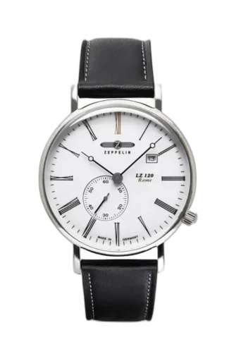 Elegancki zegarek Zeppelin LZ120 Rome 7134-1 z klasyczną białą tarczą ozdobioną rzymskimi cyframi. Subtarcza sekundowa i datownik dodają funkcjonalności. Stalowa koperta harmonizuje z czarnym skórzanym paskiem o delikatnych białych przeszyciach. Wyprodukowany w Niemczech, zegarek łączy tradycyjny styl z precyzją wykonania.