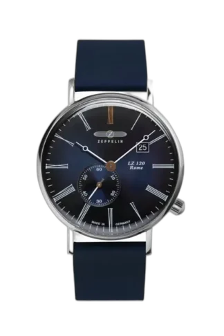 Stylowy zegarek Zeppelin LZ120 Rome 7134-3 z granatową tarczą i srebrną kopertą. Elegancki design z subtelnie zdobionymi indeksami rzymskimi, wskaźnikiem daty oraz granatowym paskiem. Wyprodukowany w Niemczech, doskonale łączy klasykę z nowoczesnością.