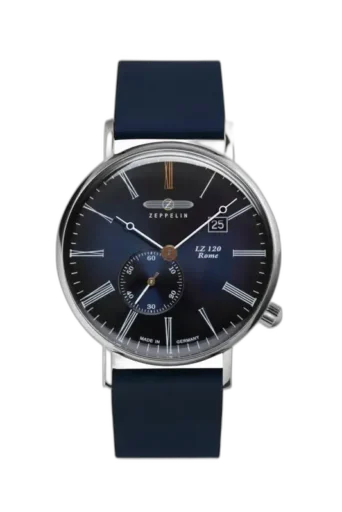 Stylowy zegarek Zeppelin LZ120 Rome 7134-3 z granatową tarczą i srebrną kopertą. Elegancki design z subtelnie zdobionymi indeksami rzymskimi, wskaźnikiem daty oraz granatowym paskiem. Wyprodukowany w Niemczech, doskonale łączy klasykę z nowoczesnością.
