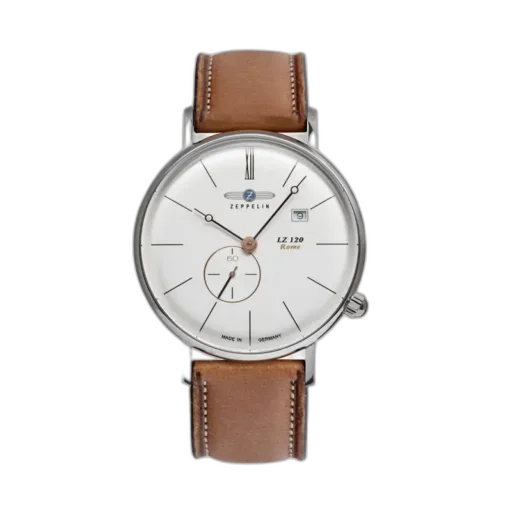 Klasyczny zegarek Zeppelin LZ120 Rome 7138-4 z białą minimalistyczną tarczą, eleganckimi czarnymi indeksami i subtelnym wskazaniem sekund na osobnej tarczy. Wyposażony w datownik na godzinie trzeciej, który podkreśla praktyczny charakter zegarka. Brązowy skórzany pasek dodaje ciepła i stylu, idealnie komponując się z ponadczasowym designem. Doskonały wybór dla miłośników klasyki i elegancji.