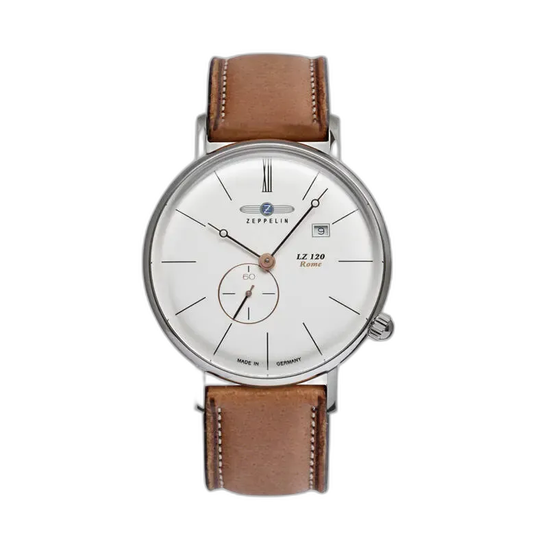 Klasyczny zegarek Zeppelin LZ120 Rome 7138-4 z białą minimalistyczną tarczą, eleganckimi czarnymi indeksami i subtelnym wskazaniem sekund na osobnej tarczy. Wyposażony w datownik na godzinie trzeciej, który podkreśla praktyczny charakter zegarka. Brązowy skórzany pasek dodaje ciepła i stylu, idealnie komponując się z ponadczasowym designem. Doskonały wybór dla miłośników klasyki i elegancji.