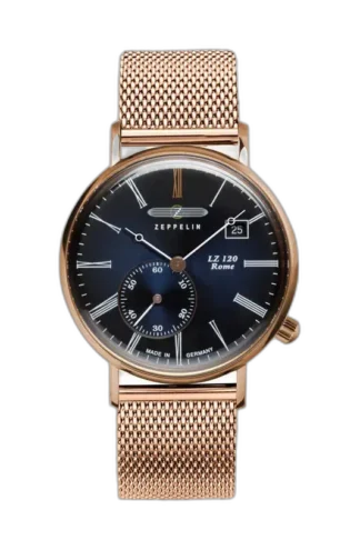 Elegancki zegarek Zeppelin LZ120 Rome Lady 7137M-3 z niebieską tarczą i złotymi akcentami, idealny dla osób ceniących styl i jakość. Wyposażony w subtelny datownik i siateczkową bransoletę w kolorze różowego złota, zapewnia wyjątkowy komfort i ponadczasowy design.