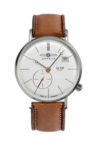 Stylowy zegarek Zeppelin LZ120 Rome Lady 7139-4 zaprojektowany z myślą o eleganckich kobietach. Minimalistyczna biała tarcza z delikatnymi indeksami oraz wskazówkami w kolorze różowego złota idealnie współgra ze skórzanym brązowym paskiem. Klasyczny design uzupełnia funkcjonalny datownik, podkreślając ponadczasowy charakter zegarka.