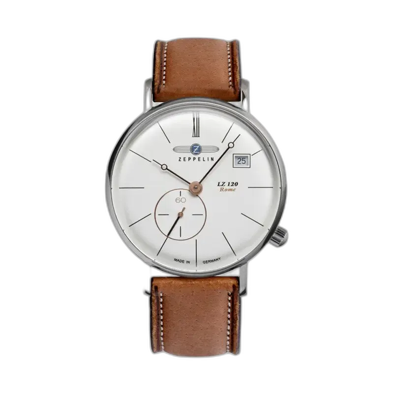 Stylowy zegarek Zeppelin LZ120 Rome Lady 7139-4 zaprojektowany z myślą o eleganckich kobietach. Minimalistyczna biała tarcza z delikatnymi indeksami oraz wskazówkami w kolorze różowego złota idealnie współgra ze skórzanym brązowym paskiem. Klasyczny design uzupełnia funkcjonalny datownik, podkreślając ponadczasowy charakter zegarka.
