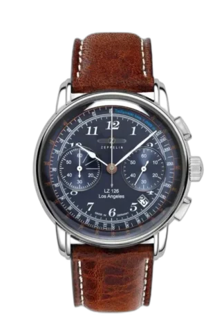 Elegancki zegarek Zeppelin LZ126 Los Angeles 7614-3 z granatową tarczą i funkcją chronografu. Wyposażony w wyraźne indeksy, tachometr oraz datownik na godzinie czwartej. Solidny brązowy skórzany pasek zapewnia klasyczny wygląd i wygodę. Precyzyjne wykonanie z niemiecką jakością.