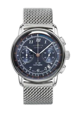 Elegancki zegarek Zeppelin LZ126 Los Angeles 7614M-3 z niebieską tarczą, srebrną kopertą i siatkową bransoletą typu mesh. Wyposażony w funkcje chronografu, tachometr oraz datownik, łącząc klasyczny styl z nowoczesnymi rozwiązaniami. Idealny dodatek dla miłośników niemieckiej precyzji i ponadczasowego designu.