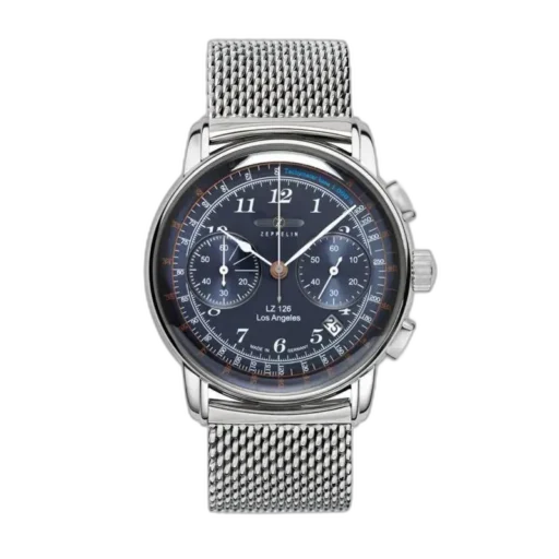 Elegancki zegarek Zeppelin LZ126 Los Angeles 7614M-3 z niebieską tarczą, srebrną kopertą i siatkową bransoletą typu mesh. Wyposażony w funkcje chronografu, tachometr oraz datownik, łącząc klasyczny styl z nowoczesnymi rozwiązaniami. Idealny dodatek dla miłośników niemieckiej precyzji i ponadczasowego designu.