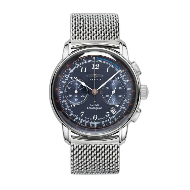 Elegancki zegarek Zeppelin LZ126 Los Angeles 7614M-3 z niebieską tarczą, srebrną kopertą i siatkową bransoletą typu mesh. Wyposażony w funkcje chronografu, tachometr oraz datownik, łącząc klasyczny styl z nowoczesnymi rozwiązaniami. Idealny dodatek dla miłośników niemieckiej precyzji i ponadczasowego designu.