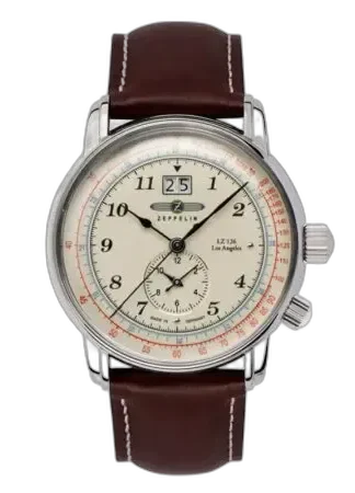 Stylowy zegarek Zeppelin LZ126 Los Angeles 8644-5 z jasną tarczą o klasycznym wzornictwie. Wyposażony w duże cyfry arabskie i wyraźny datownik na godzinie 12. Elegancki brązowy skórzany pasek doskonale komponuje się z polerowaną stalową kopertą, podkreślając wyjątkowy charakter czasomierza. Perfekcyjne połączenie niemieckiej precyzji i ponadczasowego designu dla miłośników klasycznych dodatków.