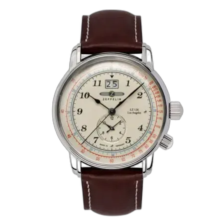 Stylowy zegarek Zeppelin LZ126 Los Angeles 8644-5 z jasną tarczą o klasycznym wzornictwie. Wyposażony w duże cyfry arabskie i wyraźny datownik na godzinie 12. Elegancki brązowy skórzany pasek doskonale komponuje się z polerowaną stalową kopertą, podkreślając wyjątkowy charakter czasomierza. Perfekcyjne połączenie niemieckiej precyzji i ponadczasowego designu dla miłośników klasycznych dodatków.