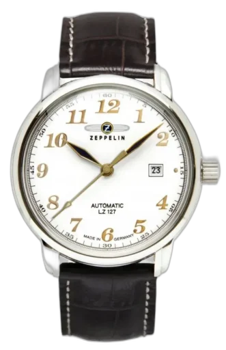 Klasyczny zegarek Zeppelin LZ127 7656-1 Automatik z białą tarczą i złotymi cyframi arabskimi, które dodają elegancji. Wyposażony w funkcję automatycznego naciągu oraz datownik przy godzinie 3. Stalowa koperta doskonale współgra z brązowym skórzanym paskiem o fakturze krokodyla, zapewniając szykowny wygląd. Idealny wybór dla osób ceniących tradycyjne wzornictwo i niemiecką precyzję.