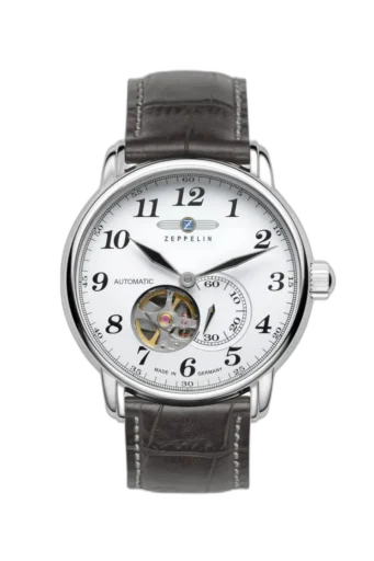 Zegarek Zeppelin LZ127 7666-1 z elegancką białą tarczą, automatycznym mechanizmem i otwartym okienkiem ukazującym pracę mechanizmu. Model wyposażony w brązowy skórzany pasek z przeszyciami, dodający klasycznego charakteru. Precyzyjne wykonanie i design inspirowany lotniczym dziedzictwem marki Zeppelin.