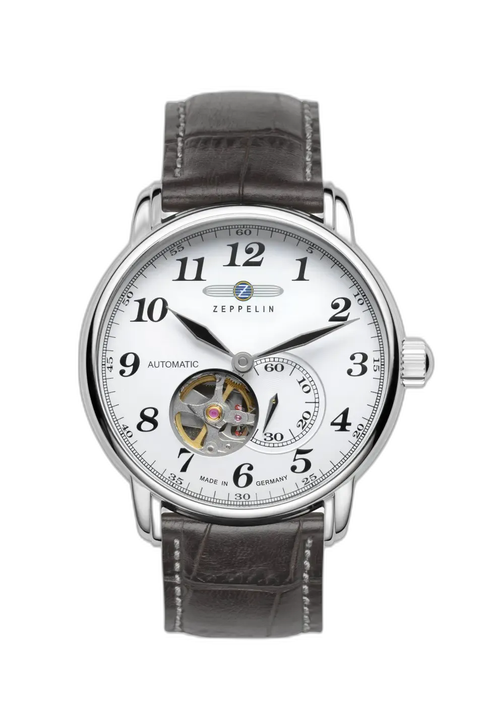 Zegarek Zeppelin LZ127 7666-1 z elegancką białą tarczą, automatycznym mechanizmem i otwartym okienkiem ukazującym pracę mechanizmu. Model wyposażony w brązowy skórzany pasek z przeszyciami, dodający klasycznego charakteru. Precyzyjne wykonanie i design inspirowany lotniczym dziedzictwem marki Zeppelin.