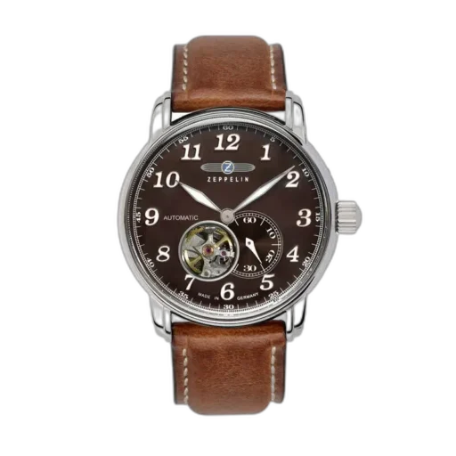 Stylowy zegarek Zeppelin LZ127 7666-4 z elegancką brązową tarczą, wyróżniającą się otwartym okienkiem ukazującym mechanizm automatyczny. Wyraźne, srebrne cyfry arabskie oraz klasyczne wskazówki nadają mu ponadczasowego charakteru. Pasek wykonany z wysokiej jakości brązowej skóry z białymi przeszyciami doskonale komponuje się z kopertą ze stali szlachetnej. Niemiecka precyzja i design w najlepszym wydaniu.