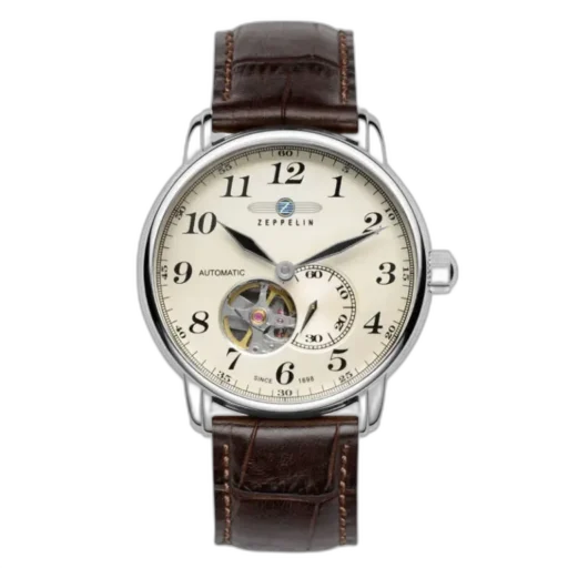 Wyrafinowany zegarek Zeppelin LZ127 7666-5 Automatik z kremową tarczą i widocznym mechanizmem typu open-heart na godzinie 7. Czasomierz wyposażony w wyraźne cyfry arabskie oraz brązowy skórzany pasek z eleganckimi przeszyciami. Niemiecki design łączy klasykę z nowoczesną technologią automatycznego mechanizmu.