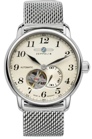 Stylowy zegarek Zeppelin LZ127 7666M-5 Automatik z kremową tarczą, otwartym mechanizmem i funkcją sekundnika. Koperta ze stali nierdzewnej w połączeniu z elegancką bransoletą mesh. Precyzyjne wykonanie i wyjątkowy design, idealne dla miłośników klasyki i jakości.