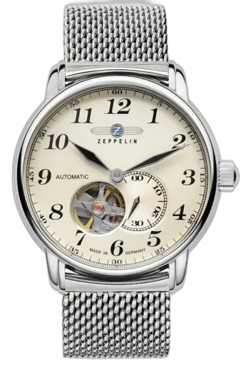 Stylowy zegarek Zeppelin LZ127 7666M-5 Automatik z kremową tarczą, otwartym mechanizmem i funkcją sekundnika. Koperta ze stali nierdzewnej w połączeniu z elegancką bransoletą mesh. Precyzyjne wykonanie i wyjątkowy design, idealne dla miłośników klasyki i jakości.