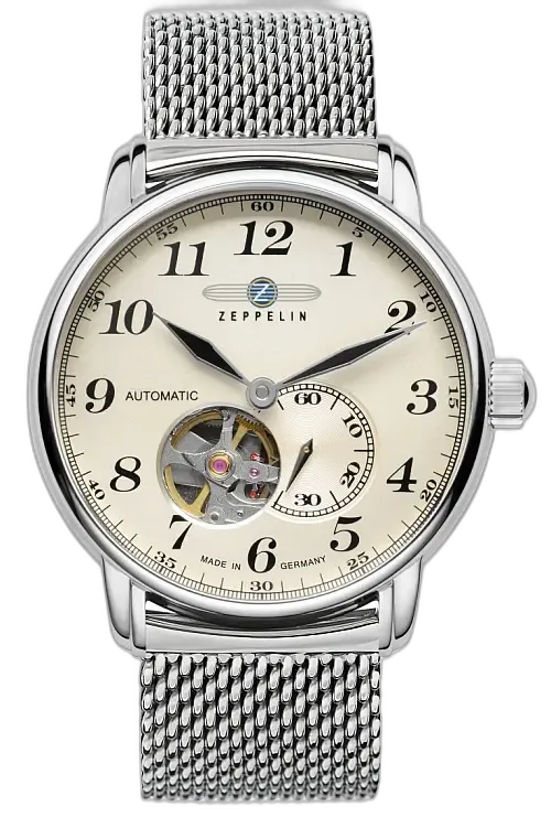 Stylowy zegarek Zeppelin LZ127 7666M-5 Automatik z kremową tarczą, otwartym mechanizmem i funkcją sekundnika. Koperta ze stali nierdzewnej w połączeniu z elegancką bransoletą mesh. Precyzyjne wykonanie i wyjątkowy design, idealne dla miłośników klasyki i jakości.
