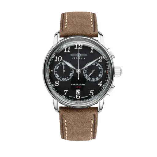 Zegarek Zeppelin LZ127 8678-2 Chronograph z elegancką czarną tarczą i funkcjami chronografu. Wyposażony w beżowy pasek ze skóry z kontrastującymi przeszyciami. Klasyczny styl i precyzja wykonania, idealny na każdą okazję. Made in Germany.