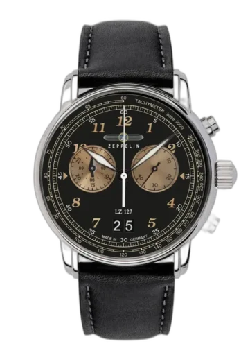 Zegarek męski Zeppelin LZ127 8684-2 Quartz z czarną tarczą i złotymi subtarczami chronografu, datownikiem oraz tachometrem, elegancki czasomierz na czarnym skórzanym pasku, wyprodukowany w Niemczech.