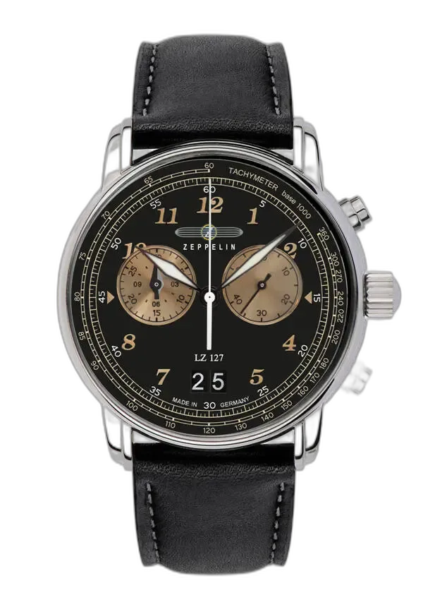 Zegarek męski Zeppelin LZ127 8684-2 Quartz z czarną tarczą i złotymi subtarczami chronografu, datownikiem oraz tachometrem, elegancki czasomierz na czarnym skórzanym pasku, wyprodukowany w Niemczech.