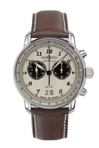 Elegancki zegarek męski Zeppelin LZ127 8684-5 Quartz z beżową tarczą i czarnymi subtarczami chronografu. Wyposażony w datownik na godzinie 6, brązowy skórzany pasek z białym przeszyciem oraz tachymetr na pierścieniu tarczy. Doskonałe połączenie klasyki i funkcjonalności, idealne na każdą okazję.