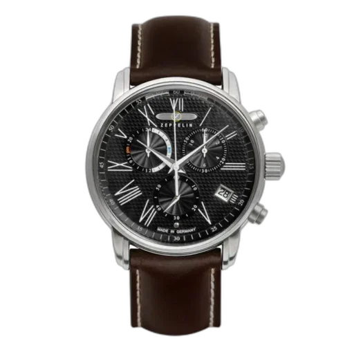 Elegancki zegarek Zeppelin LZ127 Transatlantic 7694-2 z czarną tarczą o wyrafinowanym wzorze, wskazaniami chronografu i funkcją datownika. Koperta ze stali nierdzewnej i brązowy skórzany pasek dodają klasy i stylu. Idealny wybór dla osób ceniących precyzję i luksusowy design.