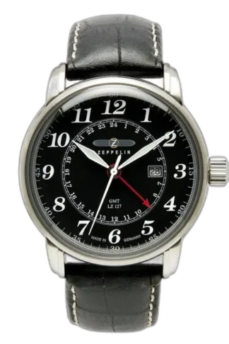 Stylowy zegarek Zeppelin LZ127 ZE-7642-2 z czarną tarczą i srebrną kopertą. Wyposażony w precyzyjny mechanizm GMT, umożliwiający odczyt czasu w dwóch strefach czasowych. Czarne, skórzane paski z kontrastowymi przeszyciami dodają elegancji, a białe cyfry i czerwony wskaźnik GMT ułatwiają odczyt godziny. Idealny wybór dla podróżników ceniących niemiecką jakość i ponadczasowy design.