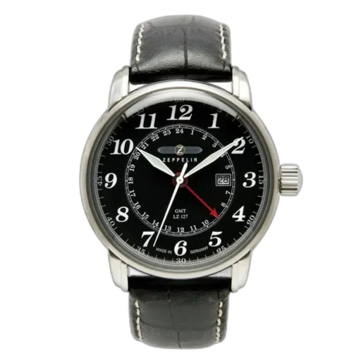 Stylowy zegarek Zeppelin LZ127 ZE-7642-2 z czarną tarczą i srebrną kopertą. Wyposażony w precyzyjny mechanizm GMT, umożliwiający odczyt czasu w dwóch strefach czasowych. Czarne, skórzane paski z kontrastowymi przeszyciami dodają elegancji, a białe cyfry i czerwony wskaźnik GMT ułatwiają odczyt godziny. Idealny wybór dla podróżników ceniących niemiecką jakość i ponadczasowy design.