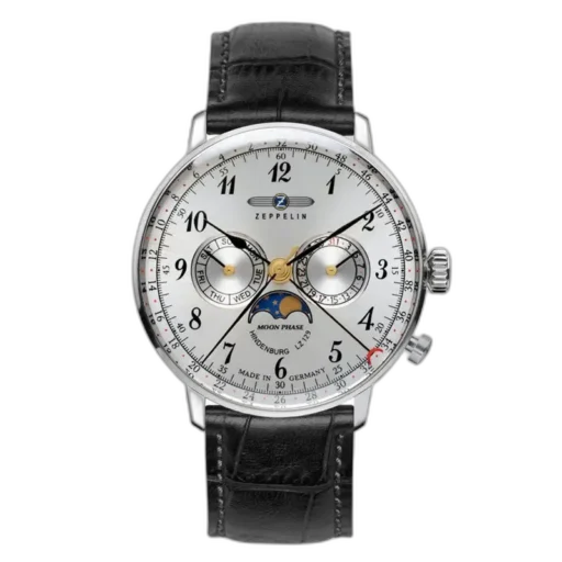 Zegarek męski Zeppelin LZ129 Hindenburg 7036-1 z białą tarczą i eleganckim czarnym skórzanym paskiem. Wyposażony w funkcję faz księżyca, datownik oraz wskaźnik dnia tygodnia. Styl klasyczny z precyzyjnymi czarnymi indeksami i złotymi akcentami. Wykonany w Niemczech, idealny dla miłośników ponadczasowej elegancji.