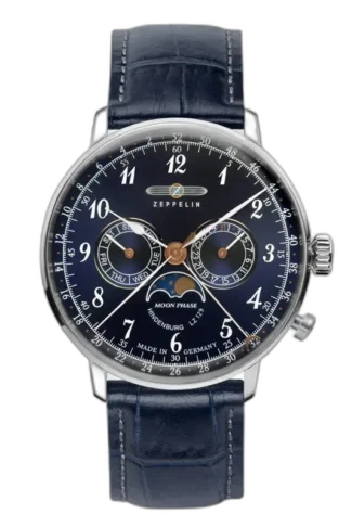 Stylowy zegarek Zeppelin LZ129 Hindenburg 7036-3 z granatową tarczą i funkcją faz księżyca. Wyposażony w subtelne wskazówki, datownik oraz wskaźniki dnia tygodnia i miesiąca. Elegancki granatowy skórzany pasek dodaje klasy i wyrafinowania. Niemiecka precyzja i ponadczasowy design.