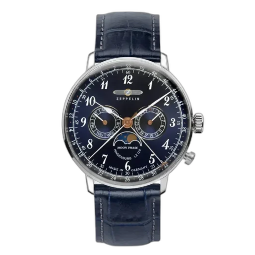 Stylowy zegarek Zeppelin LZ129 Hindenburg 7036-3 z granatową tarczą i funkcją faz księżyca. Wyposażony w subtelne wskazówki, datownik oraz wskaźniki dnia tygodnia i miesiąca. Elegancki granatowy skórzany pasek dodaje klasy i wyrafinowania. Niemiecka precyzja i ponadczasowy design.