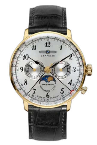 Wyjątkowy zegarek Zeppelin LZ129 Hindenburg 7038-1 z elegancką, złotą kopertą i srebrną tarczą. Model wyposażony w funkcję faz księżyca, datownik oraz wskazania dnia tygodnia i miesiąca. Czarny, skórzany pasek dodaje mu klasycznego wyrazu, podkreślając luksusowy design. Precyzja niemieckiego rzemiosła.