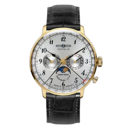 Wyjątkowy zegarek Zeppelin LZ129 Hindenburg 7038-1 z elegancką, złotą kopertą i srebrną tarczą. Model wyposażony w funkcję faz księżyca, datownik oraz wskazania dnia tygodnia i miesiąca. Czarny, skórzany pasek dodaje mu klasycznego wyrazu, podkreślając luksusowy design. Precyzja niemieckiego rzemiosła.