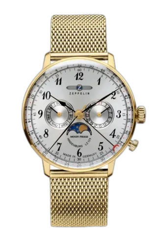 Zegarek Zeppelin LZ129 Hindenburg 7038M-1 z białą tarczą, złotą kopertą i bransoletą typu mesh. Wyposażony w funkcję faz księżyca, wskazania dnia tygodnia oraz datownika. Elegancki design inspirowany stylem retro z precyzyjnym mechanizmem. Idealny wybór dla miłośników klasyki i wyjątkowej estetyki marki Zeppelin