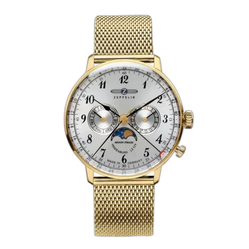 Zegarek Zeppelin LZ129 Hindenburg 7038M-1 z białą tarczą, złotą kopertą i bransoletą typu mesh. Wyposażony w funkcję faz księżyca, wskazania dnia tygodnia oraz datownika. Elegancki design inspirowany stylem retro z precyzyjnym mechanizmem. Idealny wybór dla miłośników klasyki i wyjątkowej estetyki marki Zeppelin