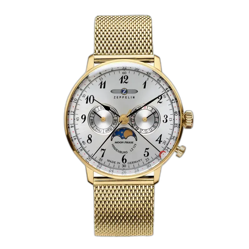 Zegarek Zeppelin LZ129 Hindenburg 7038M-1 z białą tarczą, złotą kopertą i bransoletą typu mesh. Wyposażony w funkcję faz księżyca, wskazania dnia tygodnia oraz datownika. Elegancki design inspirowany stylem retro z precyzyjnym mechanizmem. Idealny wybór dla miłośników klasyki i wyjątkowej estetyki marki Zeppelin