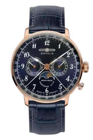 Ekskluzywny zegarek Zeppelin LZ129 Hindenburg 7039-3 z granatową tarczą i funkcją faz księżyca. Koperta w kolorze różowego złota wykonana ze stali nierdzewnej oraz niebieski skórzany pasek o eleganckim wykończeniu. Klasyczny design i precyzyjne mechanizmy tworzą idealne połączenie stylu i funkcjonalności.