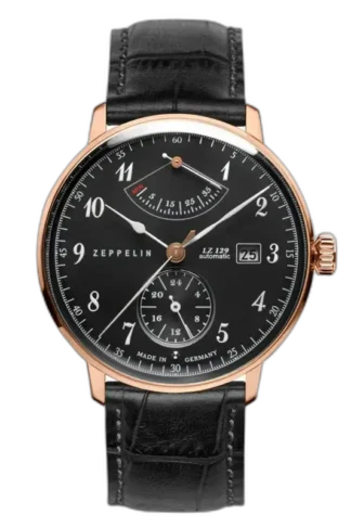 Luksusowy zegarek Zeppelin LZ129 Hindenburg 7064-2 o czarnej tarczy z delikatnymi cyframi arabskimi i złotą kopertą. Wyposażony w wskaźnik rezerwy chodu, subtarczę sekundową oraz datownik na godzinie 3. Elegancki czarny skórzany pasek z fakturą w stylu krokodyla. Idealny wybór dla miłośników klasyki i precyzji wykonania.