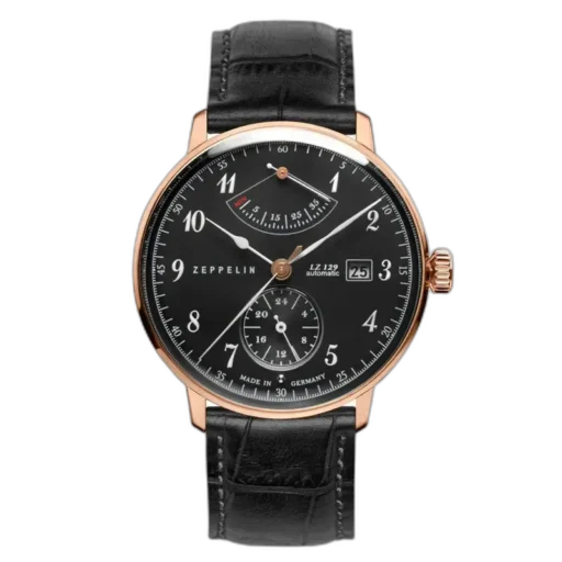Luksusowy zegarek Zeppelin LZ129 Hindenburg 7064-2 o czarnej tarczy z delikatnymi cyframi arabskimi i złotą kopertą. Wyposażony w wskaźnik rezerwy chodu, subtarczę sekundową oraz datownik na godzinie 3. Elegancki czarny skórzany pasek z fakturą w stylu krokodyla. Idealny wybór dla miłośników klasyki i precyzji wykonania.