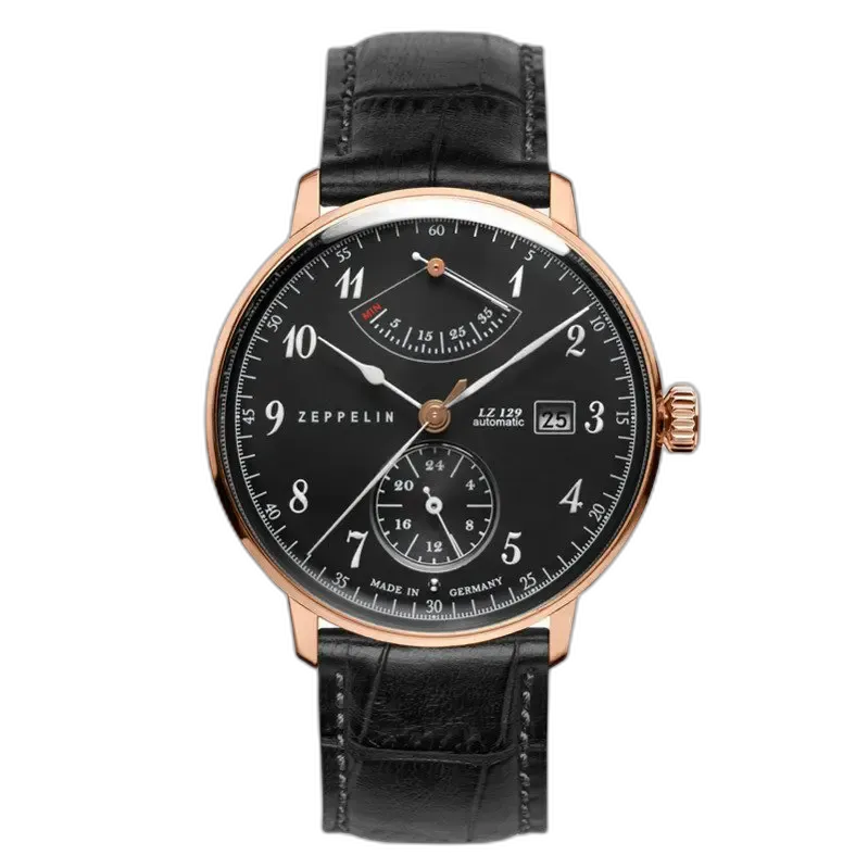 Luksusowy zegarek Zeppelin LZ129 Hindenburg 7064-2 o czarnej tarczy z delikatnymi cyframi arabskimi i złotą kopertą. Wyposażony w wskaźnik rezerwy chodu, subtarczę sekundową oraz datownik na godzinie 3. Elegancki czarny skórzany pasek z fakturą w stylu krokodyla. Idealny wybór dla miłośników klasyki i precyzji wykonania.