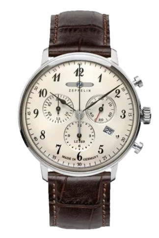 Zegarek męski Zeppelin LZ129 Hindenburg 7086-4 z kremową tarczą i brązowym skórzanym paskiem. Wyposażony w chronograf, datownik i eleganckie czarne indeksy. Stylowy i klasyczny design nawiązuje do niemieckiej precyzji. Idealny na formalne okazje.