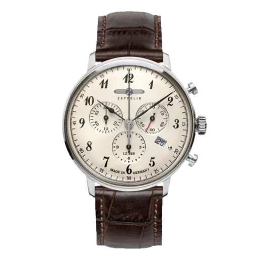 Zegarek męski Zeppelin LZ129 Hindenburg 7086-4 z kremową tarczą i brązowym skórzanym paskiem. Wyposażony w chronograf, datownik i eleganckie czarne indeksy. Stylowy i klasyczny design nawiązuje do niemieckiej precyzji. Idealny na formalne okazje.