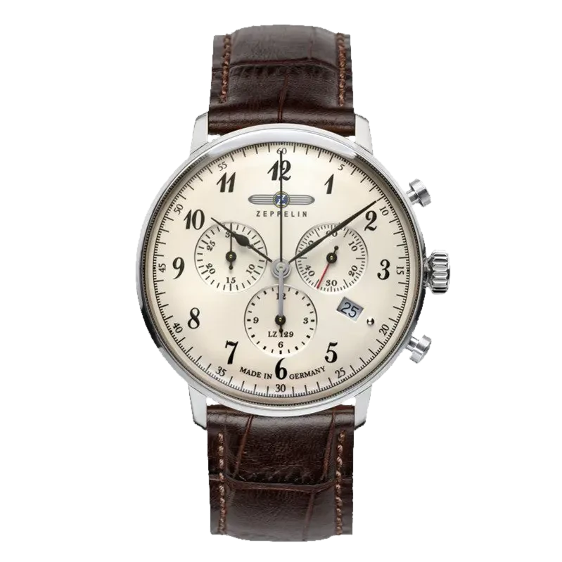 Zegarek męski Zeppelin LZ129 Hindenburg 7086-4 z kremową tarczą i brązowym skórzanym paskiem. Wyposażony w chronograf, datownik i eleganckie czarne indeksy. Stylowy i klasyczny design nawiązuje do niemieckiej precyzji. Idealny na formalne okazje.