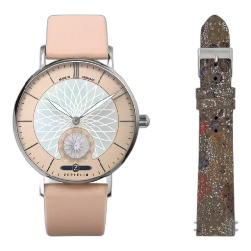 Elegancki zegarek Zeppelin Mandala 8131-5 z beżowym paskiem, unikalnym wzorem mandali na tarczy i dodatkowym artystycznym paskiem w zestawie.