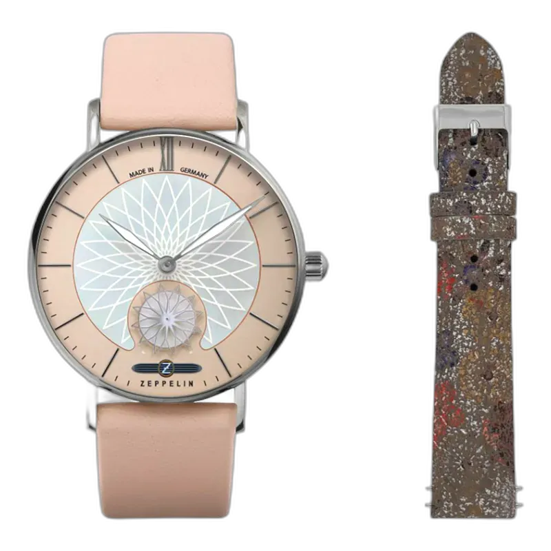 Elegancki zegarek Zeppelin Mandala 8131-5 z beżowym paskiem, unikalnym wzorem mandali na tarczy i dodatkowym artystycznym paskiem w zestawie.