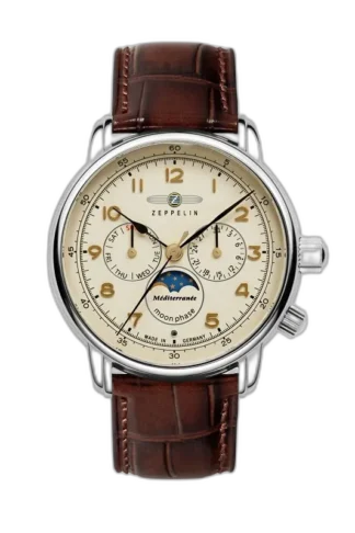 Zegarek męski Zeppelin Mediterranée 9636-5 Quartz z kremową tarczą, funkcją faz księżyca, dni tygodnia i datownikiem, na eleganckim brązowym pasku ze skóry, wyprodukowany w Niemczech.